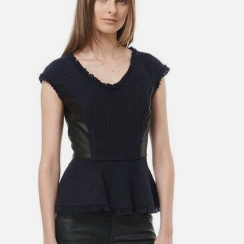 Rebecca Taylor Blue Cotton Blend Tweed Peplum Top w/ Lambskin Size 12